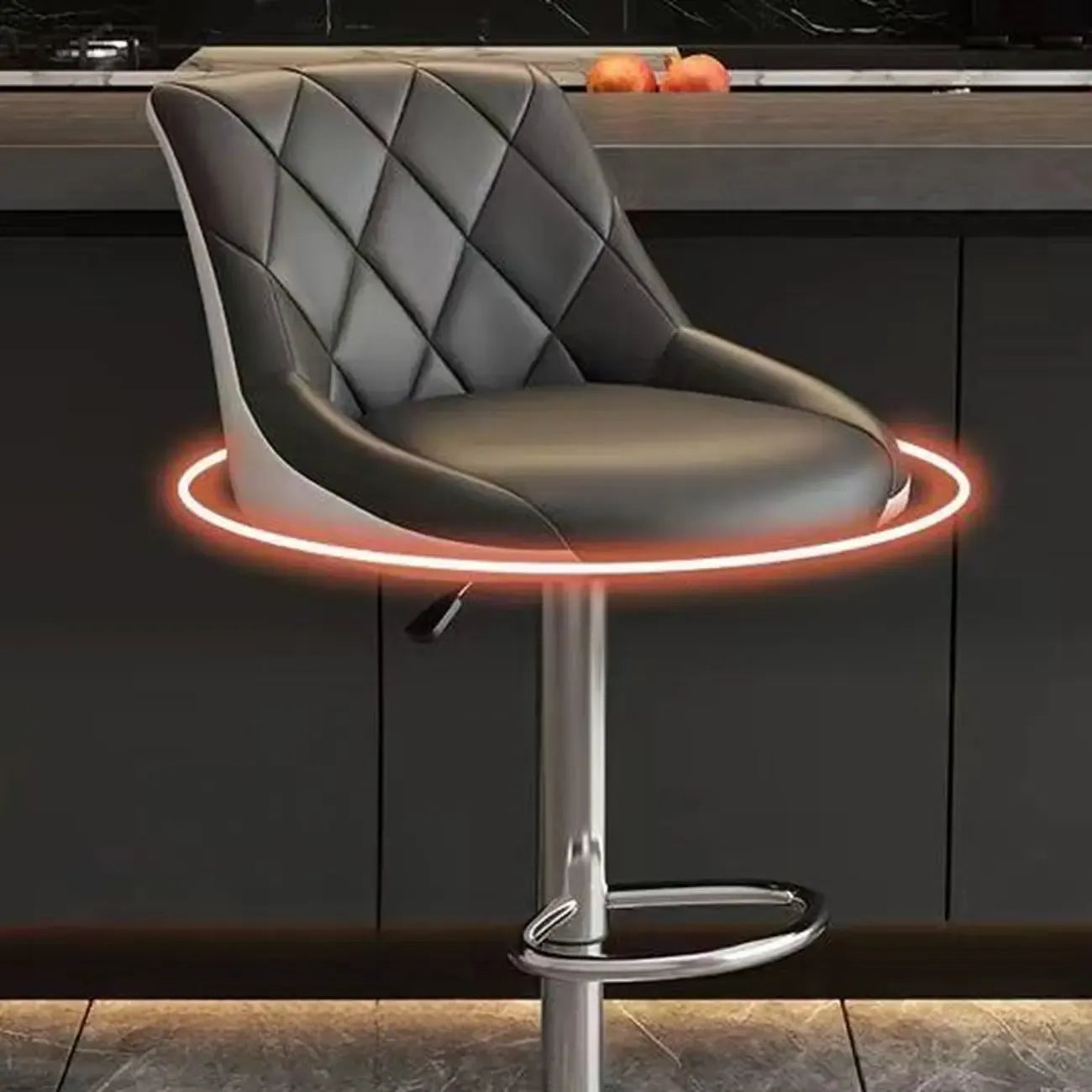 Tabouret de bar pivotant capitonné à losanges, réglable, en cuir PU noir et rouge