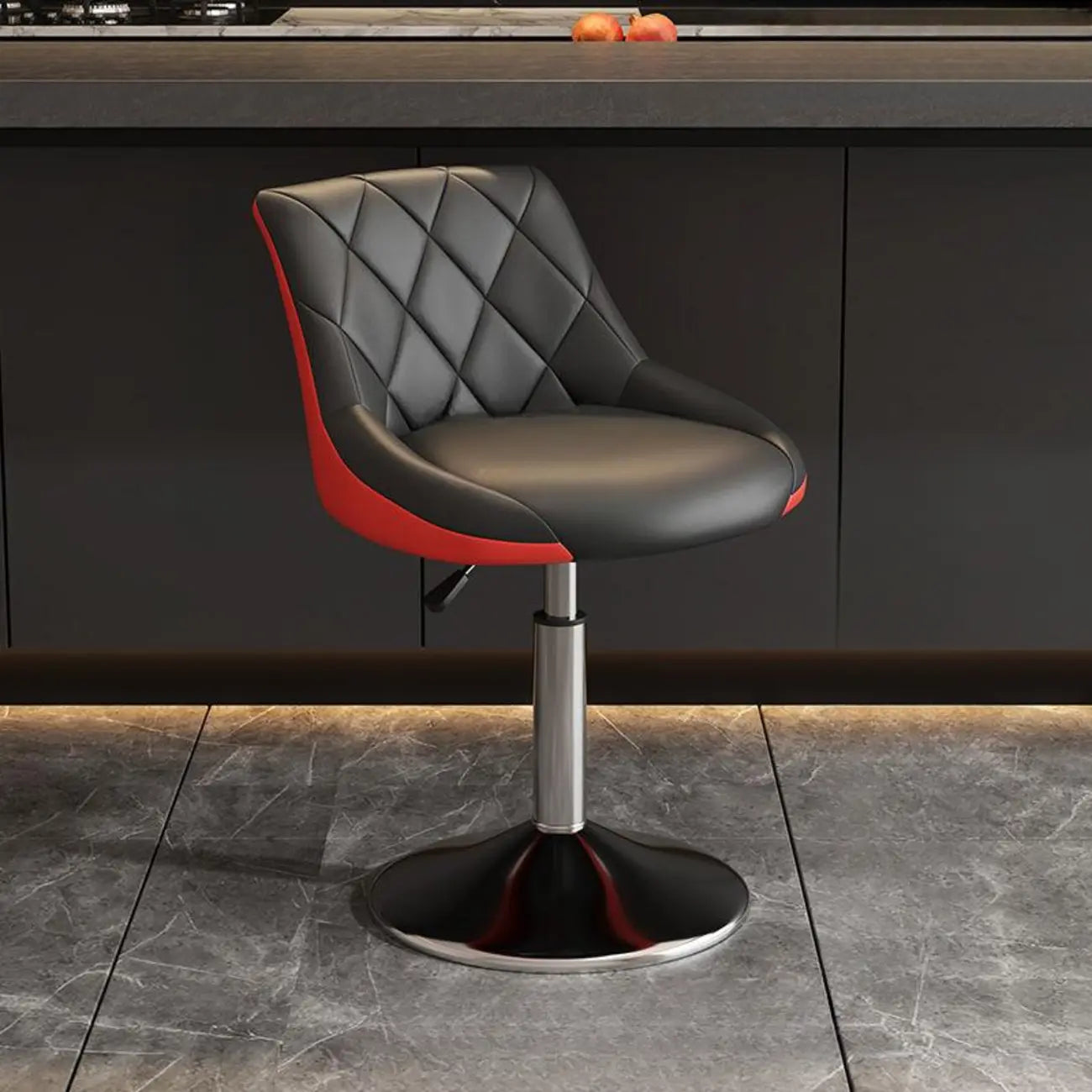 Tabouret de bar pivotant capitonné à losanges, réglable, en cuir PU noir et rouge