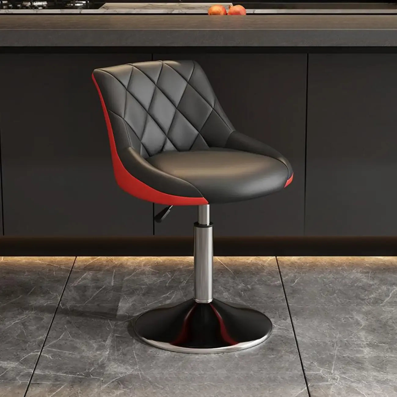 Tabouret de bar pivotant capitonné à losanges, réglable, en cuir PU noir et rouge