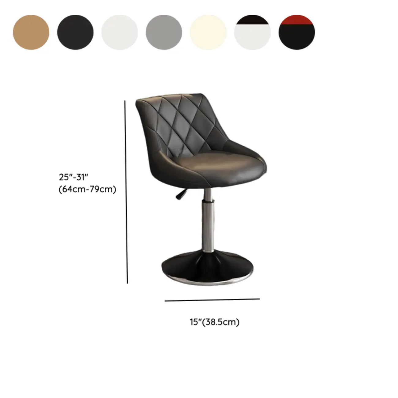 Tabouret de bar pivotant capitonné à losanges, réglable, en cuir PU noir et rouge