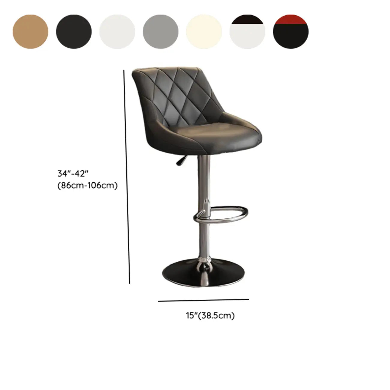 Tabouret de bar pivotant capitonné à losanges, réglable, en cuir PU noir et rouge