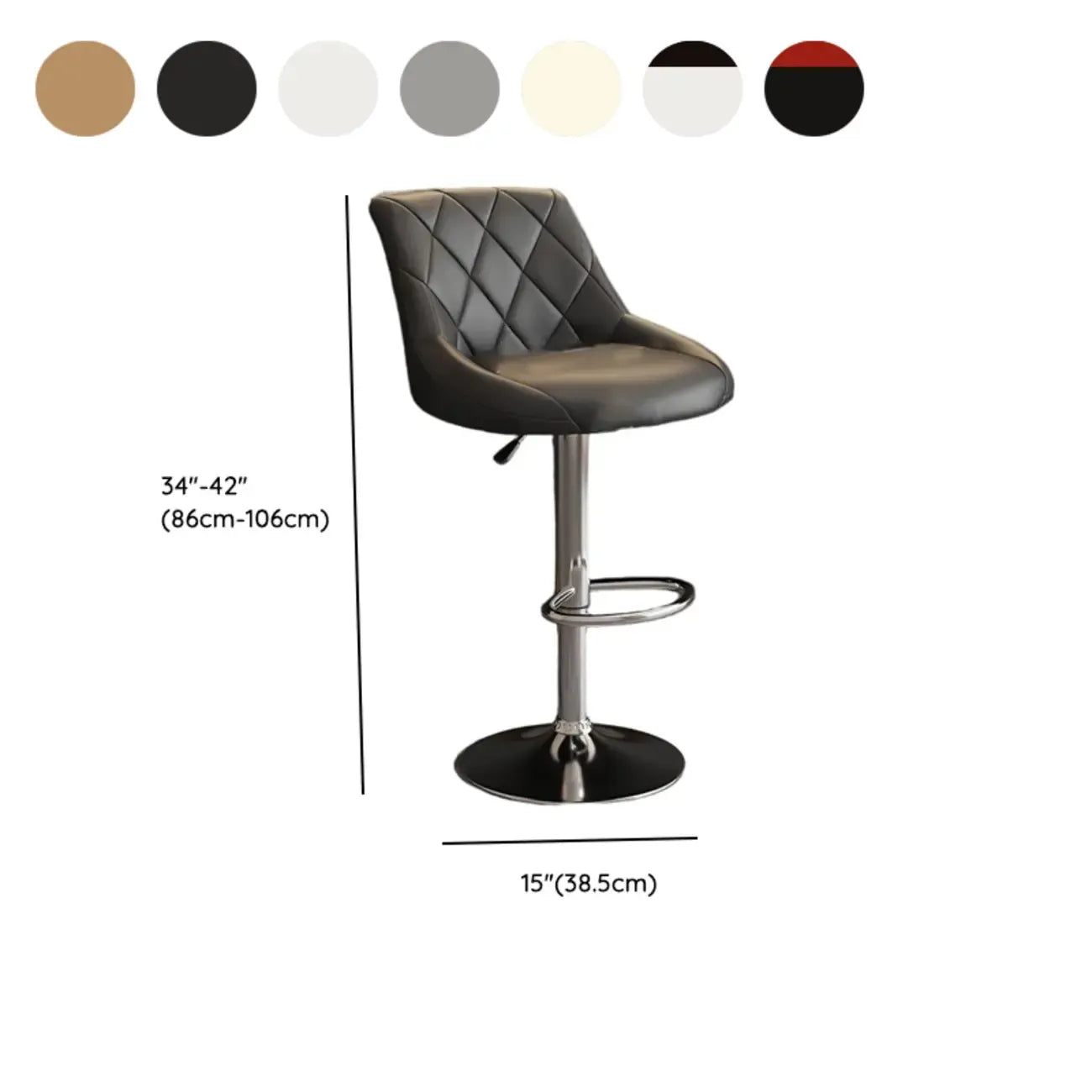 Tabouret de bar pivotant capitonné à losanges, réglable, en cuir PU noir et rouge