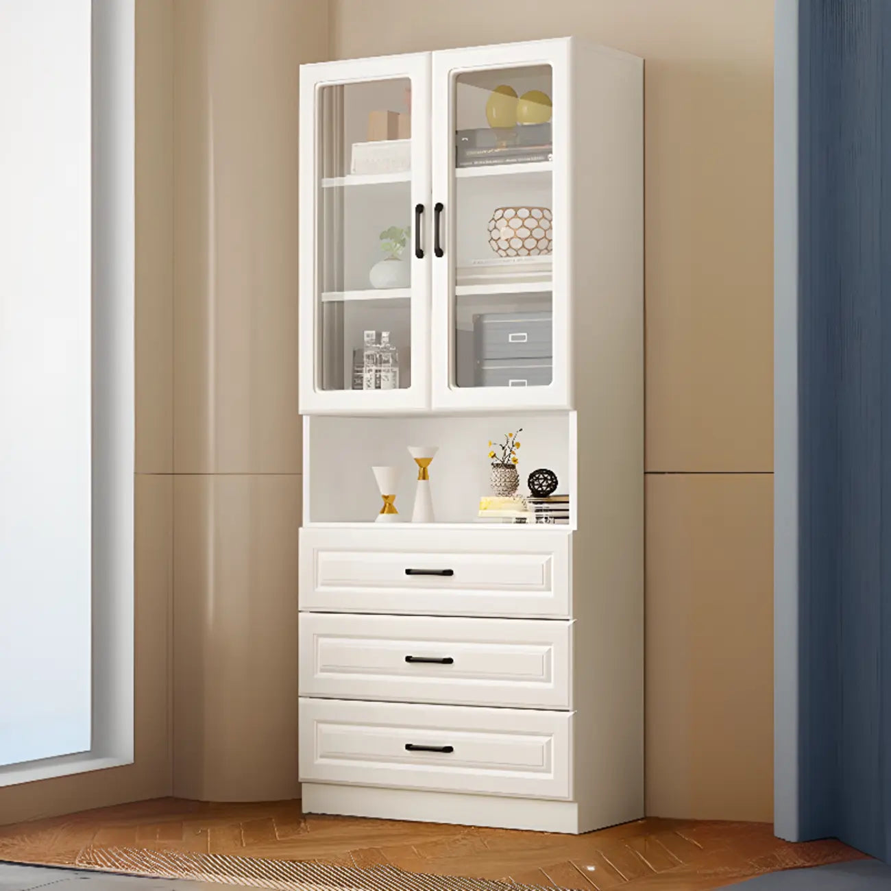 Bibliothèque verticale classique en bois blanc avec armoire