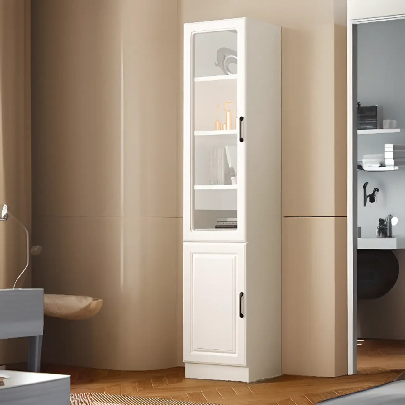 Bibliothèque verticale classique en bois blanc avec armoire