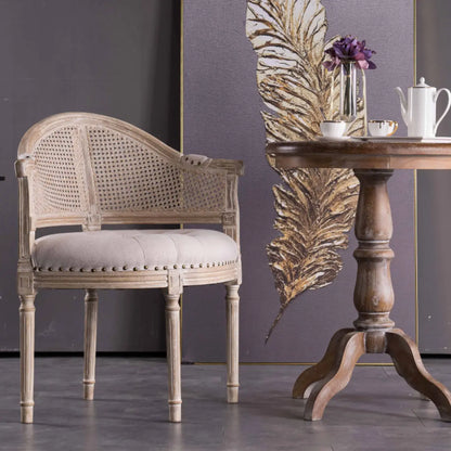 Chaise de salle à manger rustique en bois recouvert de rotin et de tissu