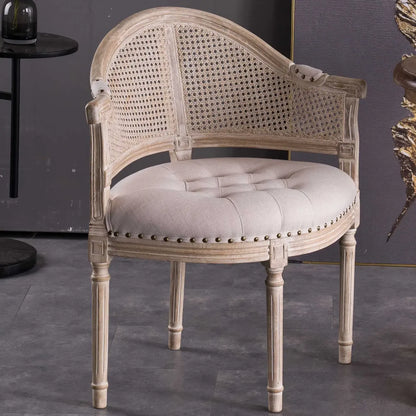 Chaise de salle à manger rustique en bois recouvert de rotin et de tissu