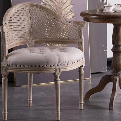 Chaise de salle à manger rustique en bois recouvert de rotin et de tissu