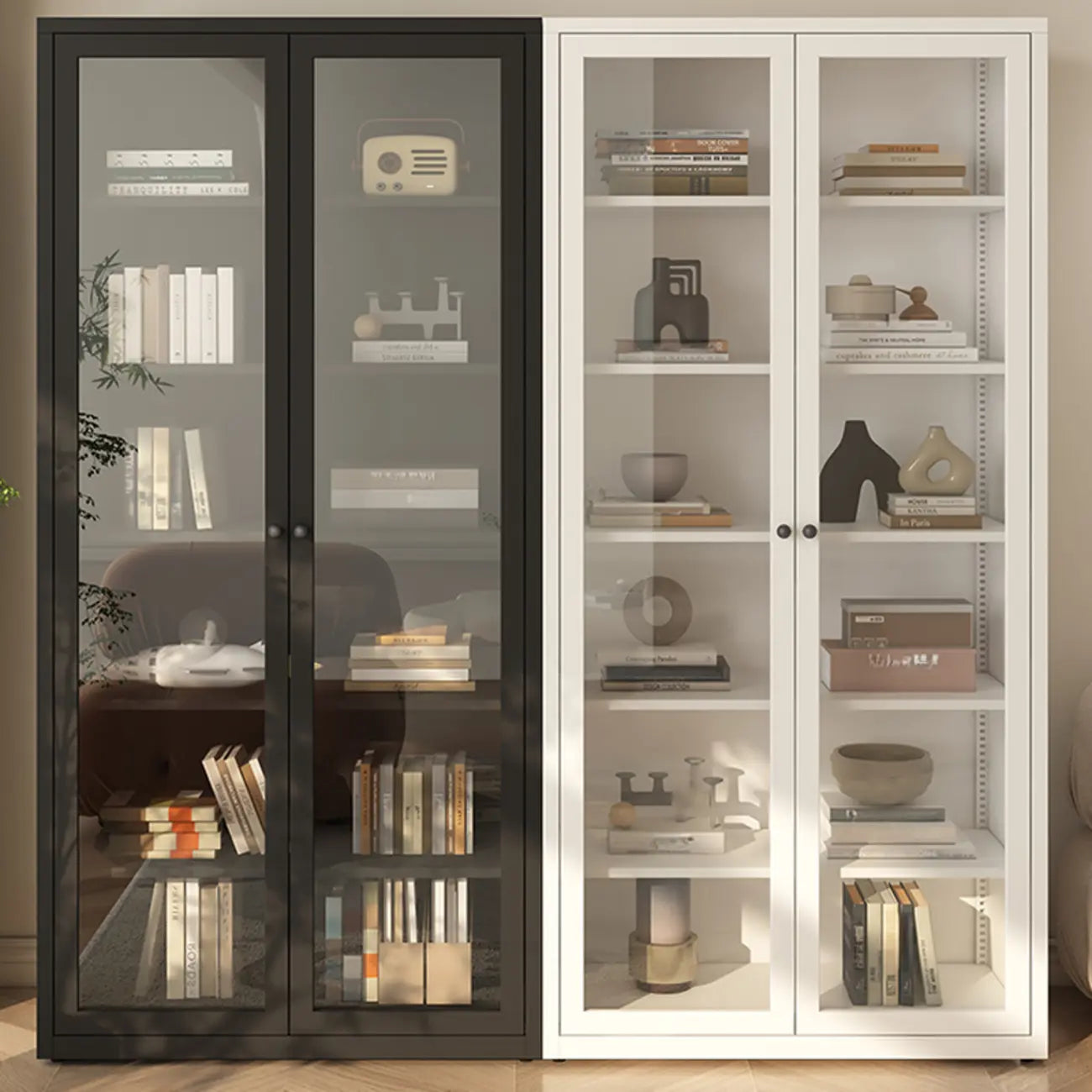 Vitrine haute à 6 niveaux avec portes vitrées