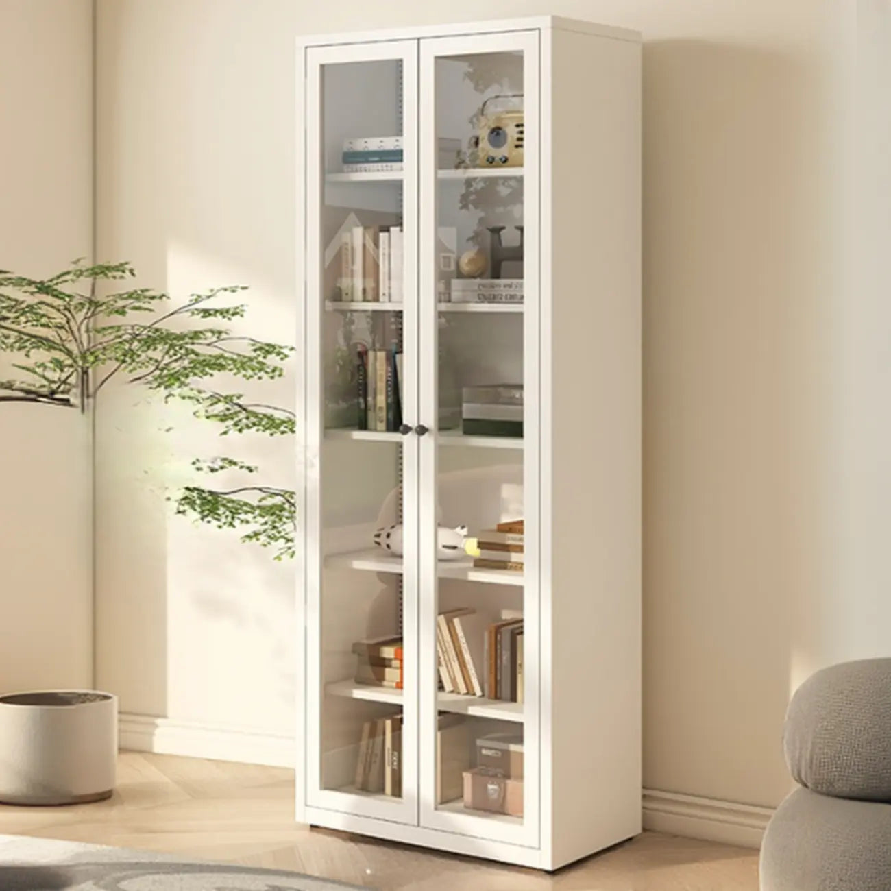 Vitrine haute à 6 niveaux avec portes vitrées