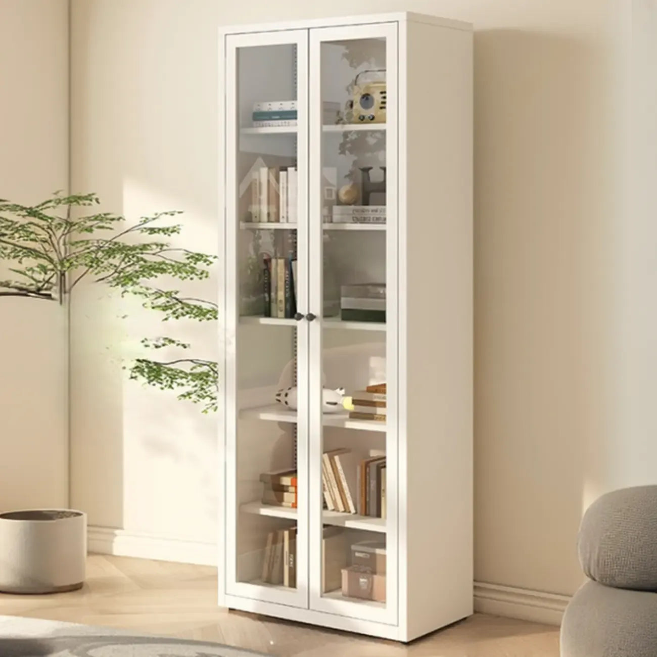 Vitrine haute à 6 niveaux avec portes vitrées