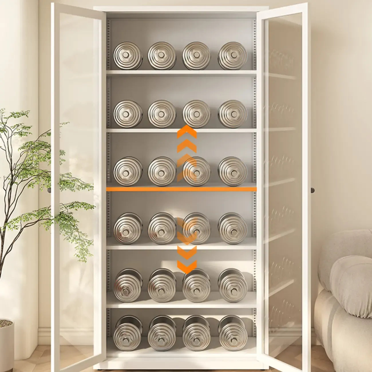 Vitrine haute à 6 niveaux avec portes vitrées
