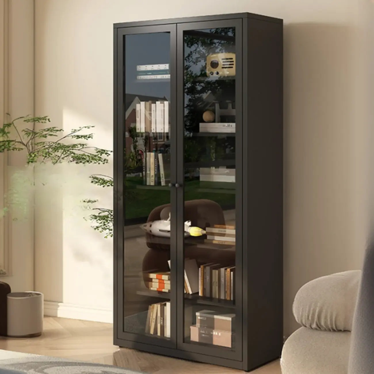Vitrine haute à 6 niveaux avec portes vitrées
