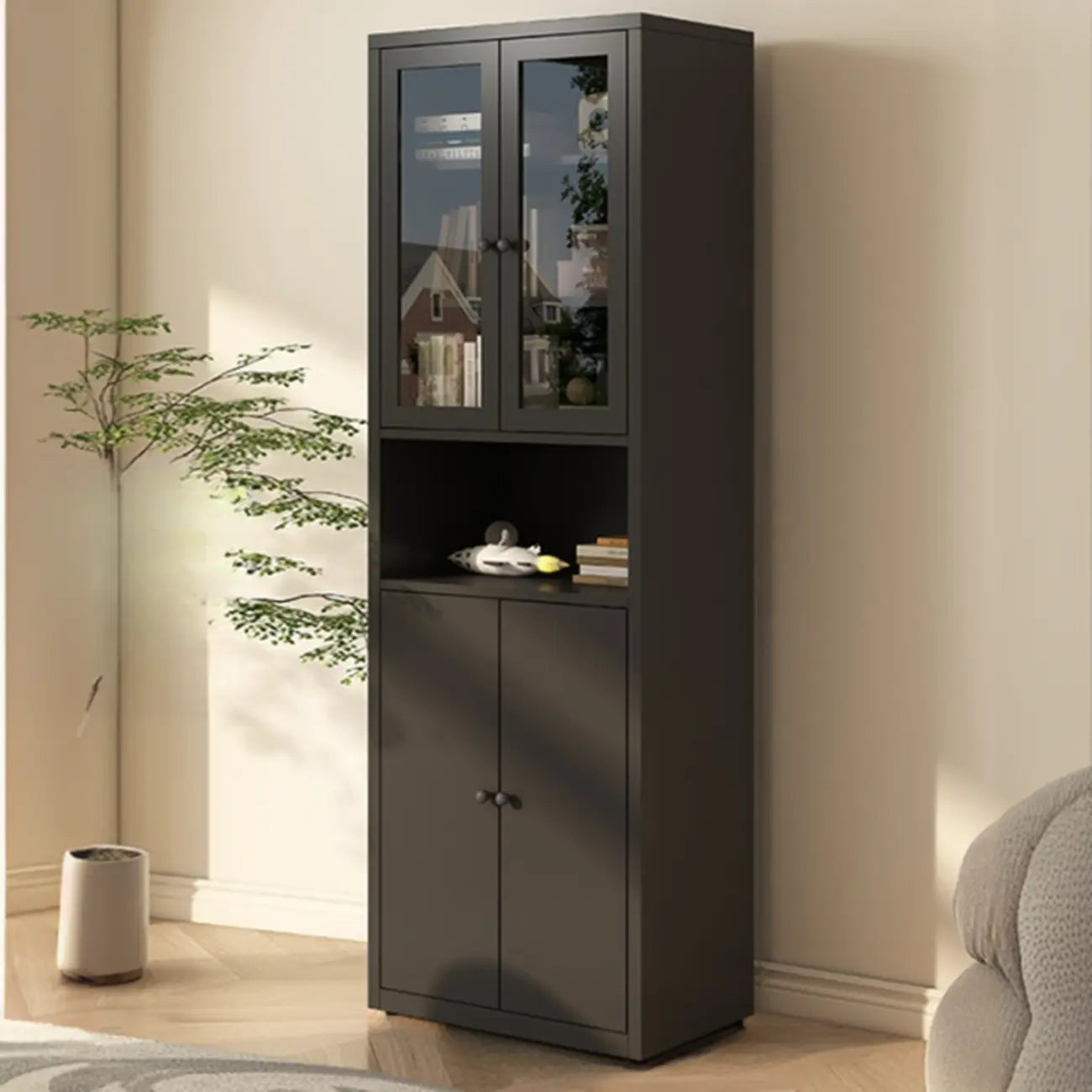Vitrine haute à 6 niveaux avec portes vitrées