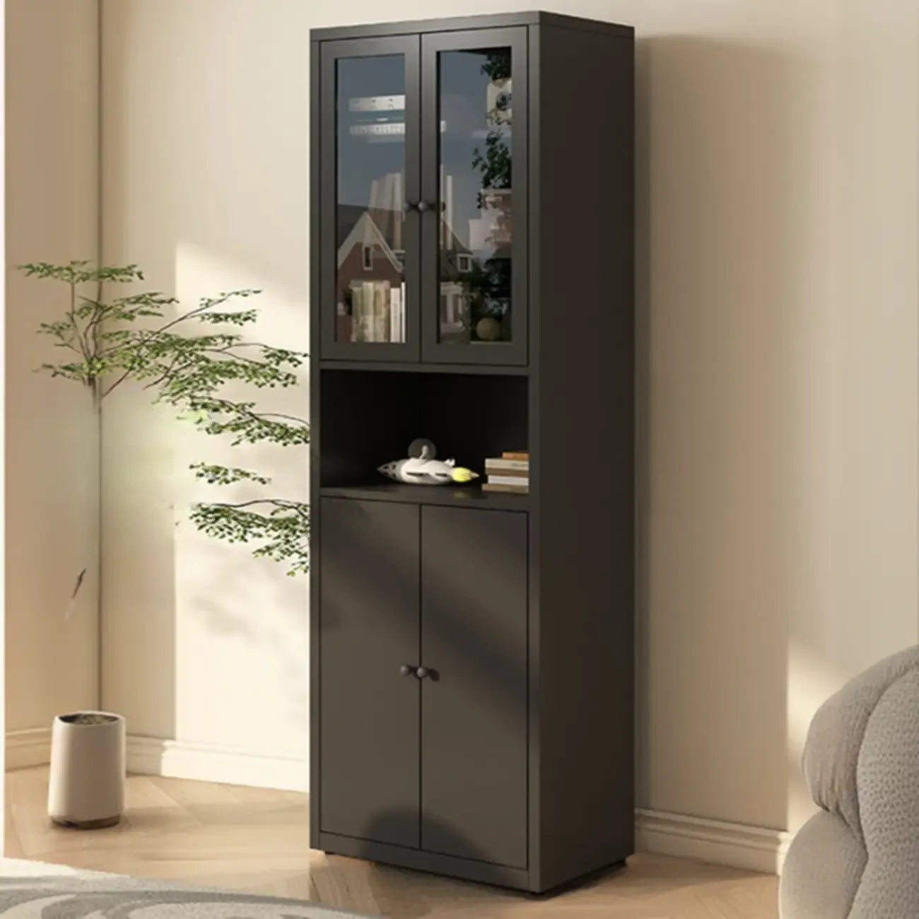 Vitrine haute à 6 niveaux avec portes vitrées