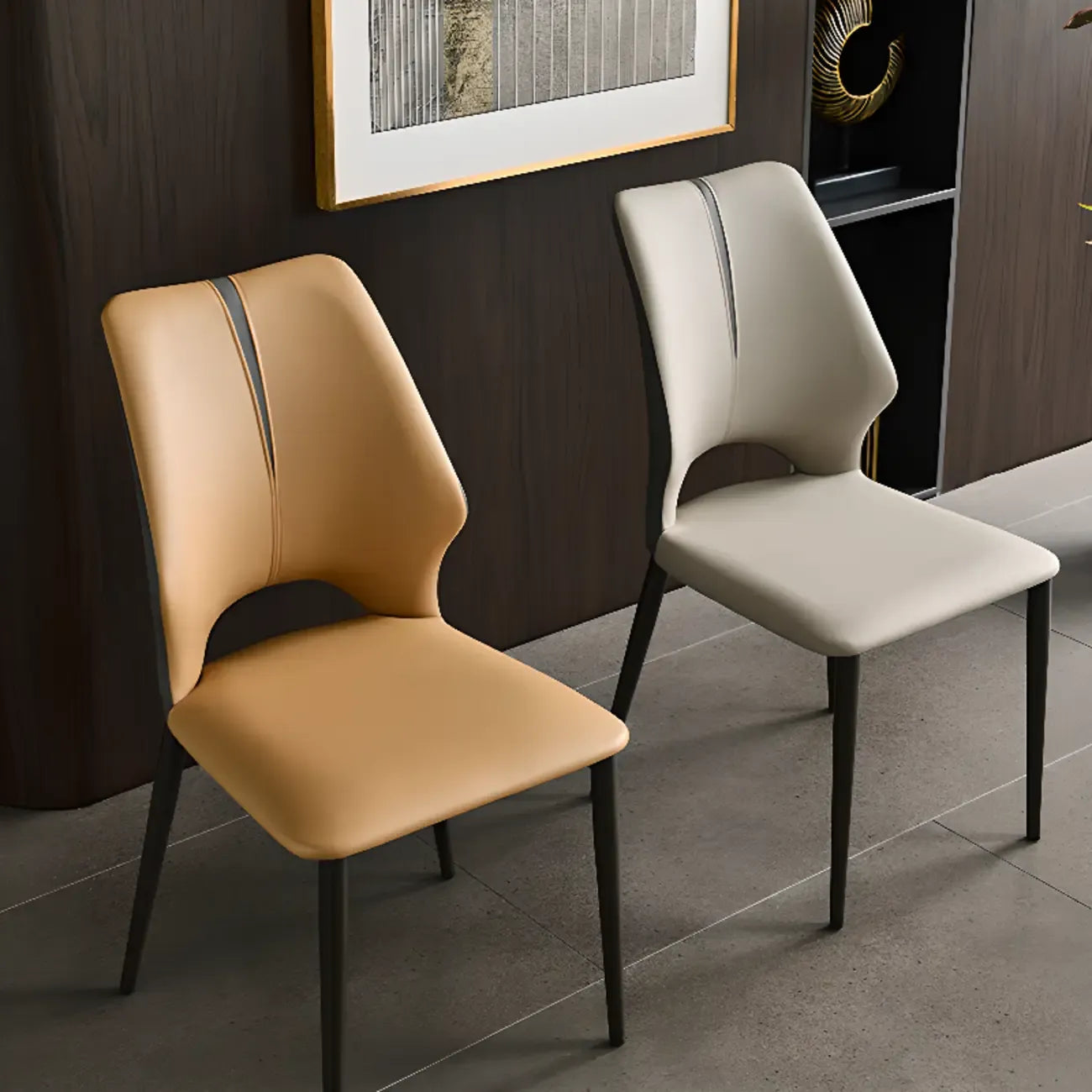 Chaise de salle à manger moderne sans accoudoirs, dossier ouvert, en similicuir.