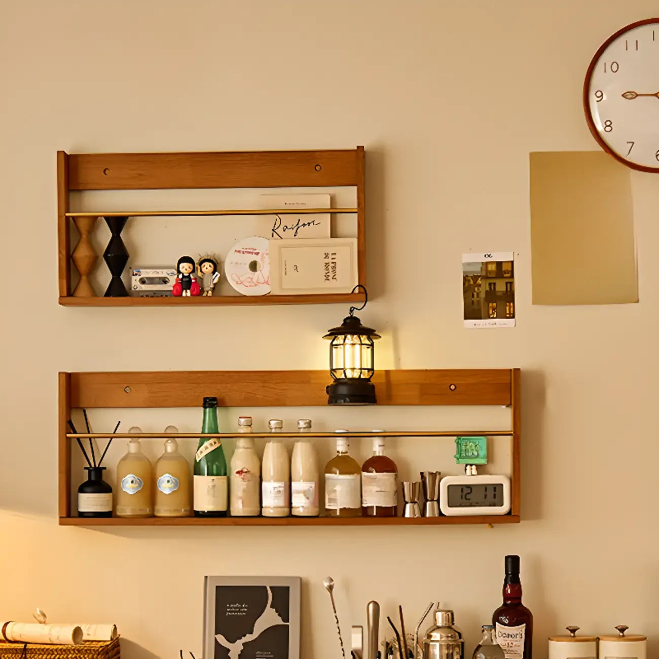 Bibliothèque flottante horizontale en bois de cerisier à dos ouvert