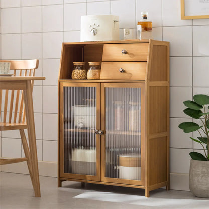 Buffet minimaliste en bambou brun avec portes vitrées