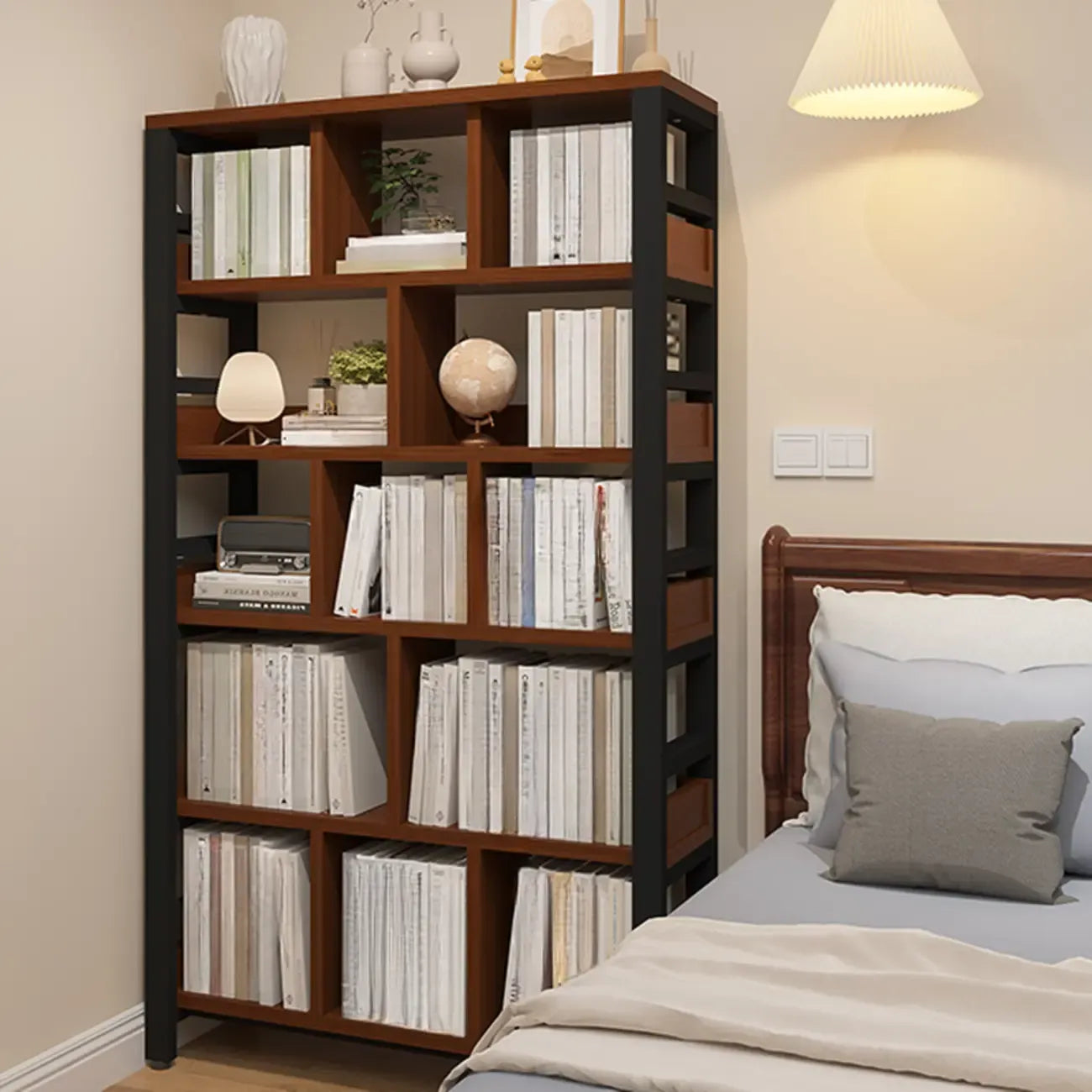 Étagère verticale en bois de noyer, bibliothèque ouverte à l'arrière