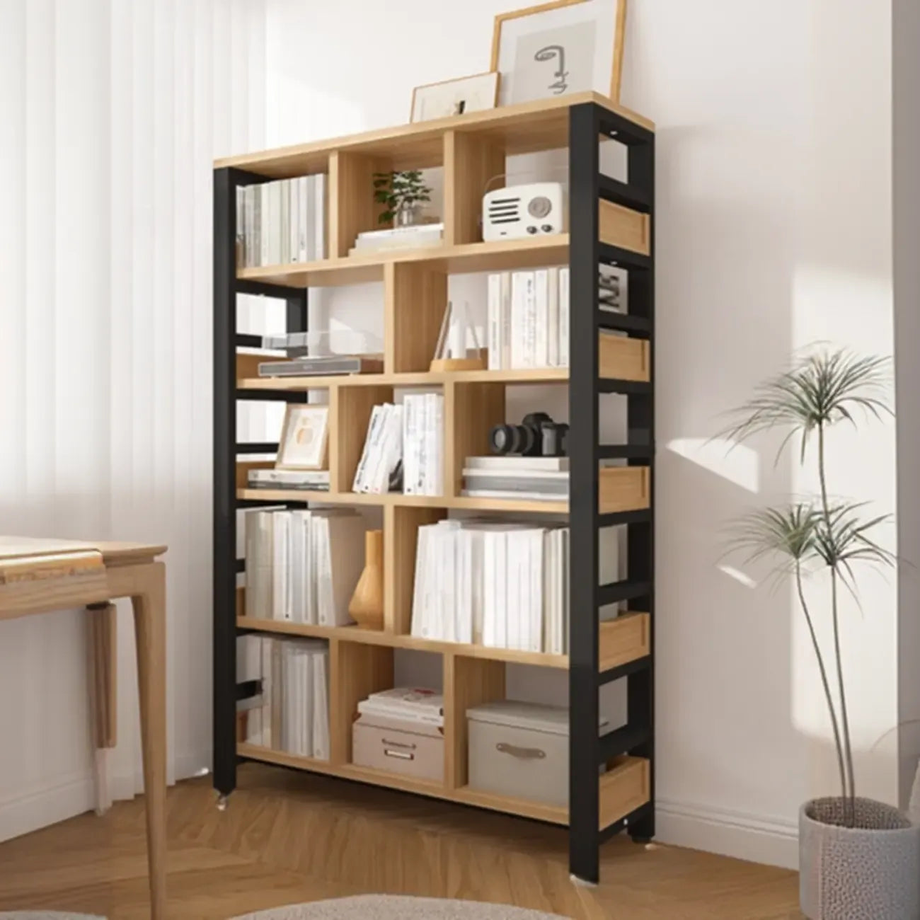 Étagère verticale en bois de noyer, bibliothèque ouverte à l'arrière