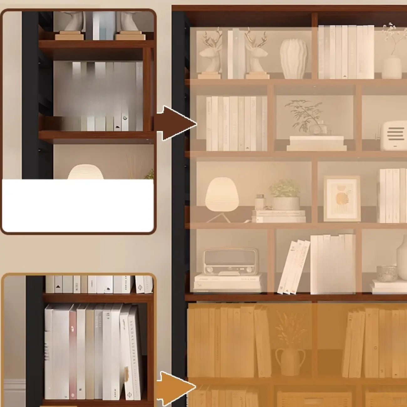 Étagère verticale en bois de noyer, bibliothèque ouverte à l'arrière