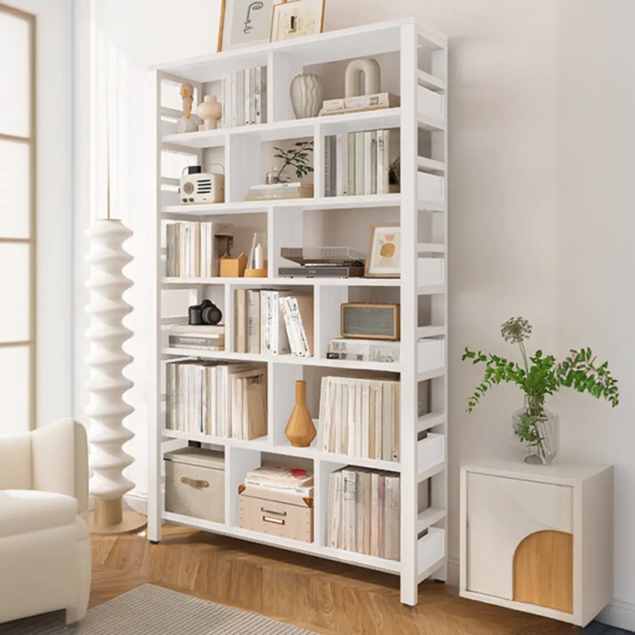 Étagère verticale en bois de noyer, bibliothèque ouverte à l'arrière