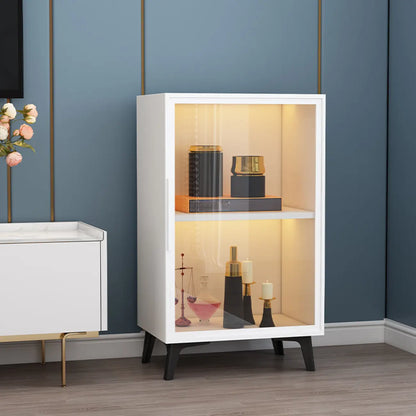 Étagère métallique moderne au sol avec portes vitrées, vitrine