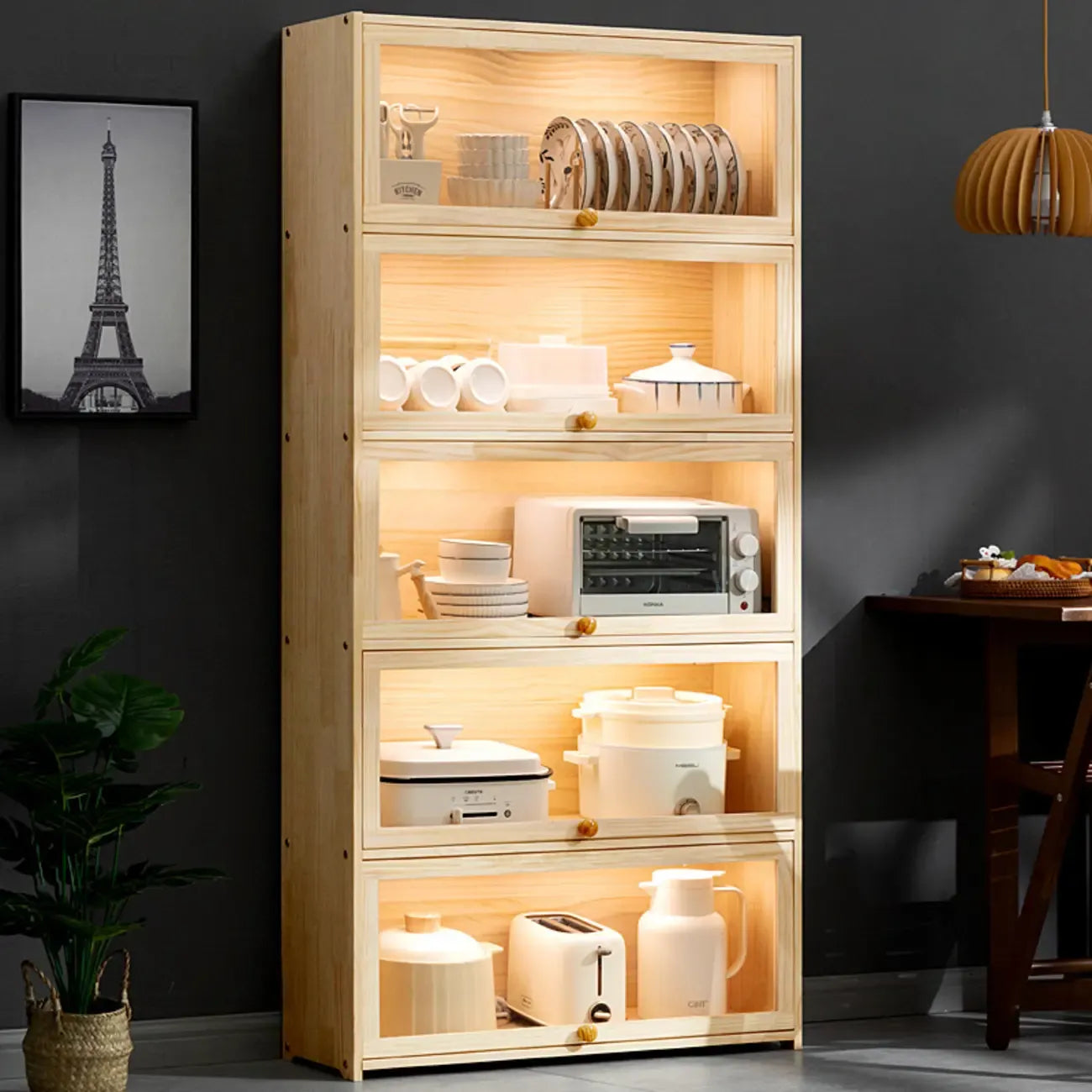 vaisselier de cuisine en bois naturel à plusieurs étagères