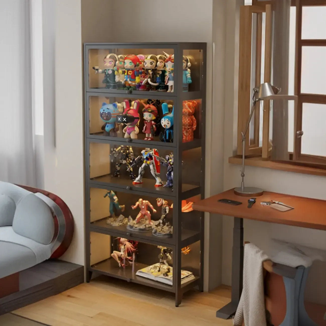 Vitrine moderne sur pied à 5 niveaux avec couvercle rabattable