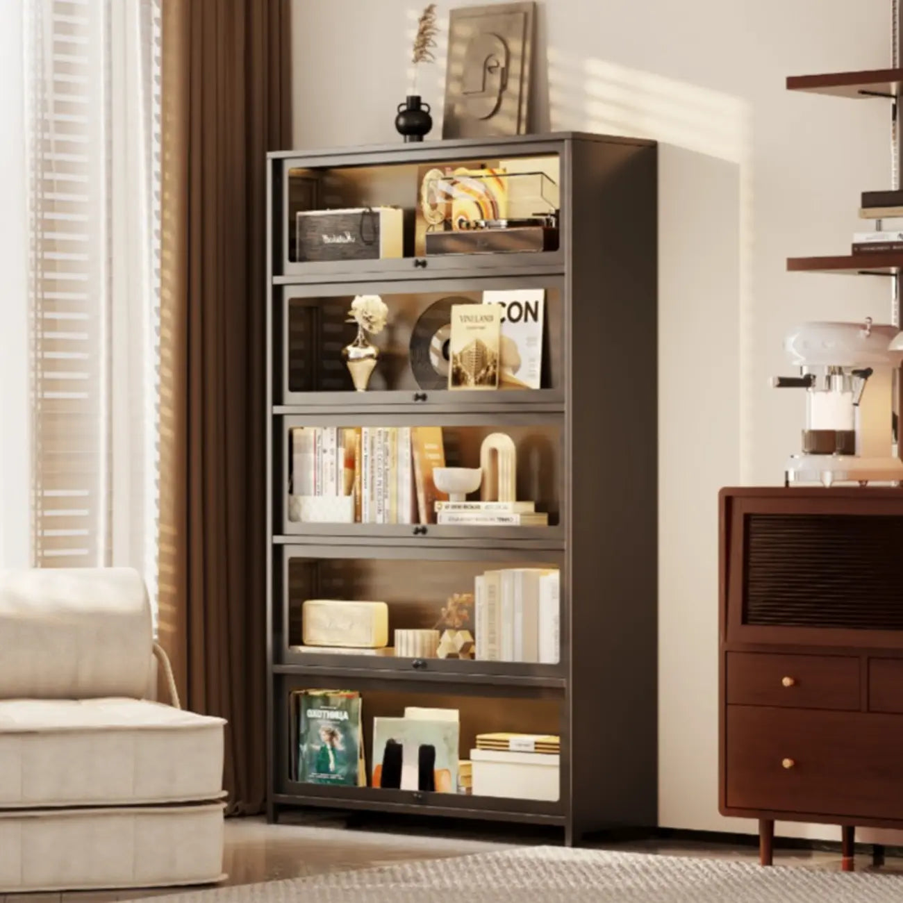 Vitrine moderne sur pied à 5 niveaux avec couvercle rabattable