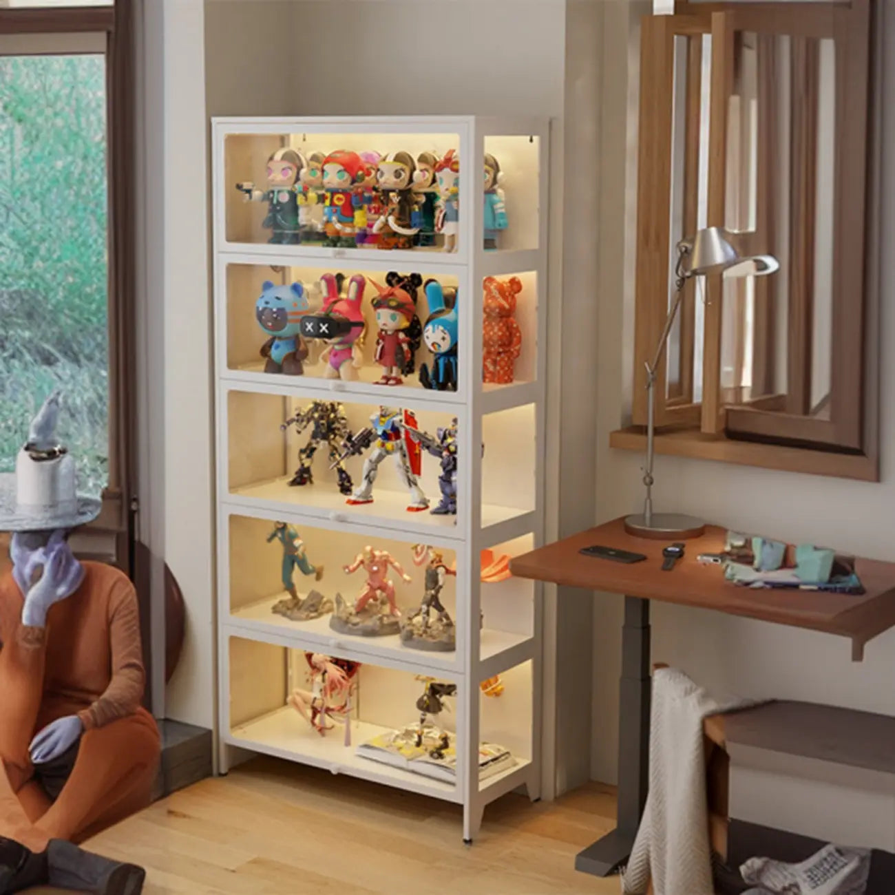 Vitrine moderne sur pied à 5 niveaux avec couvercle rabattable