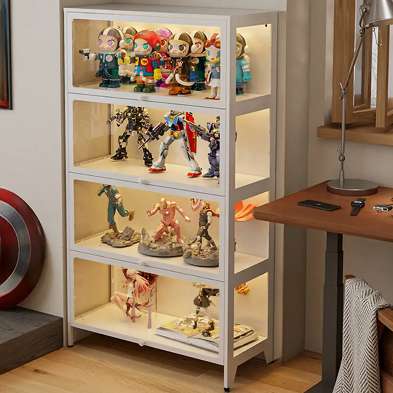 Vitrine moderne sur pied à 5 niveaux avec couvercle rabattable