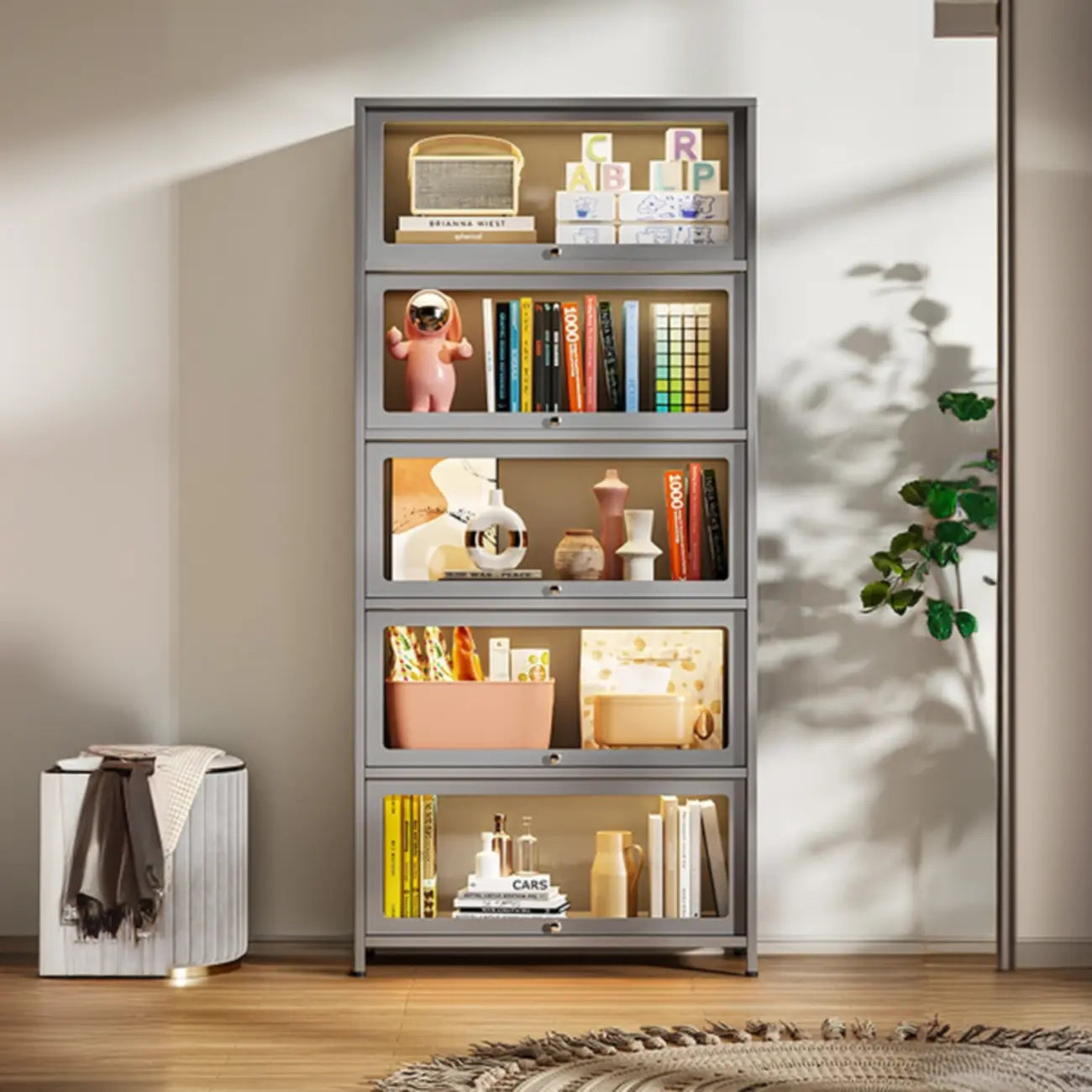 Vitrine moderne sur pied à 5 niveaux avec couvercle rabattable