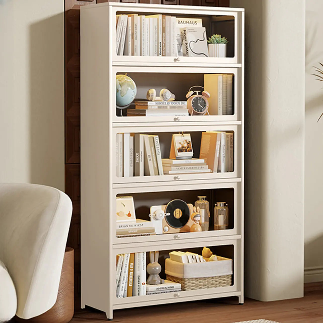 Vitrine moderne sur pied à 5 niveaux avec couvercle rabattable