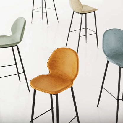 Tabourets de bar en cuir à dossier bas orange selle