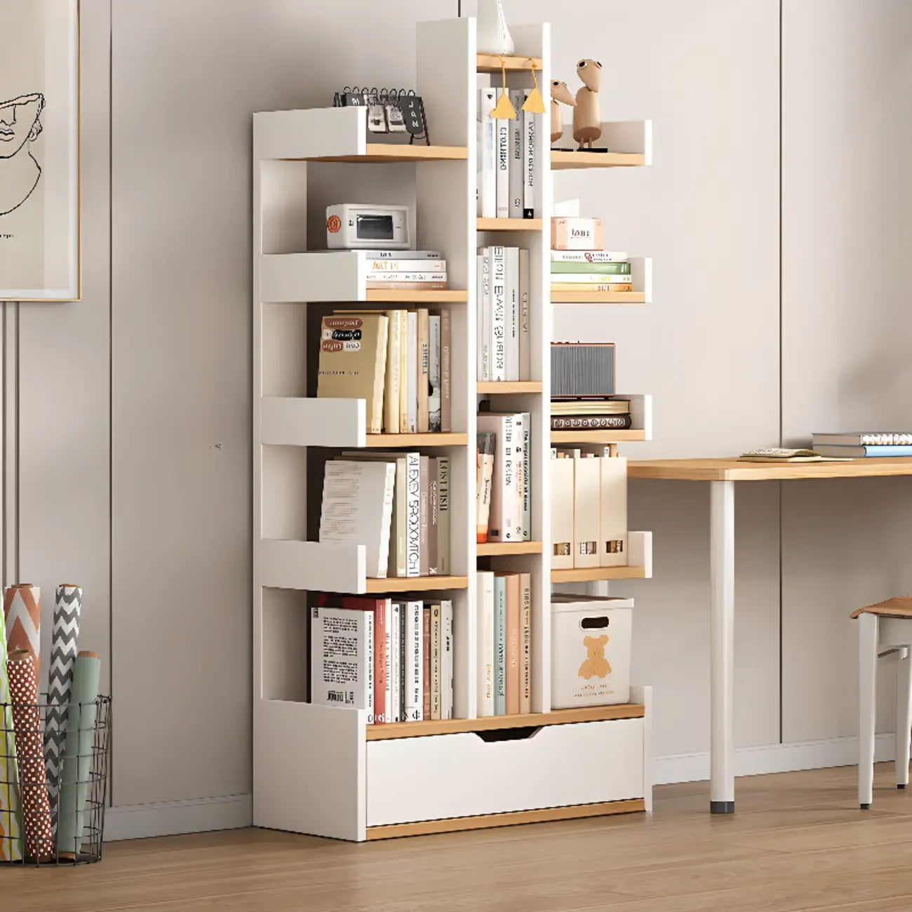 Bibliothèque moderne à 9 étagères en bois blanc avec dos ouvert