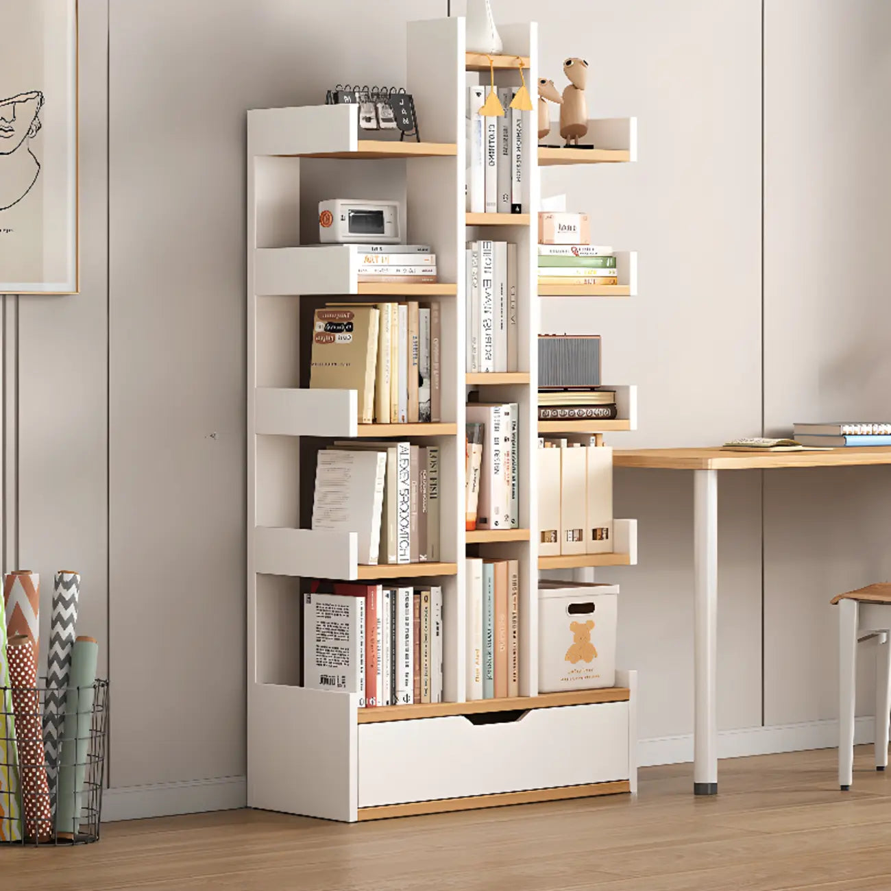 Bibliothèque moderne à 9 étagères en bois blanc avec dos ouvert