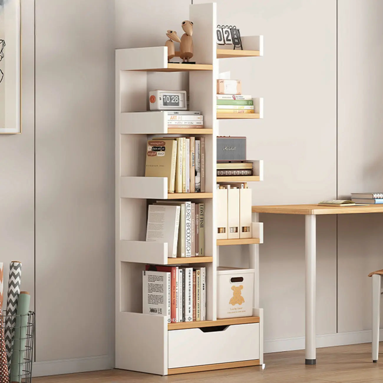 Bibliothèque moderne à 9 étagères en bois blanc avec dos ouvert