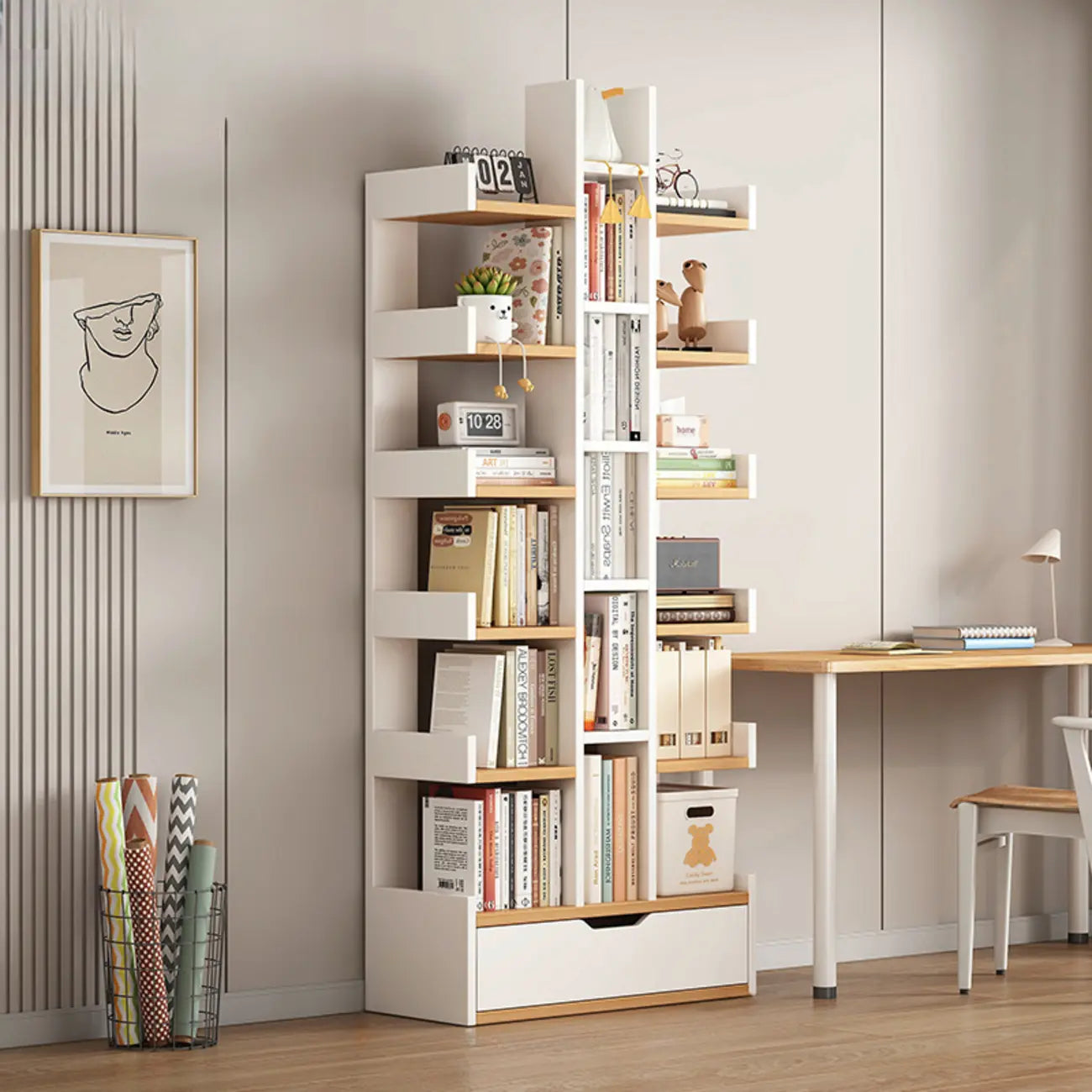 Bibliothèque moderne à 9 étagères en bois blanc avec dos ouvert