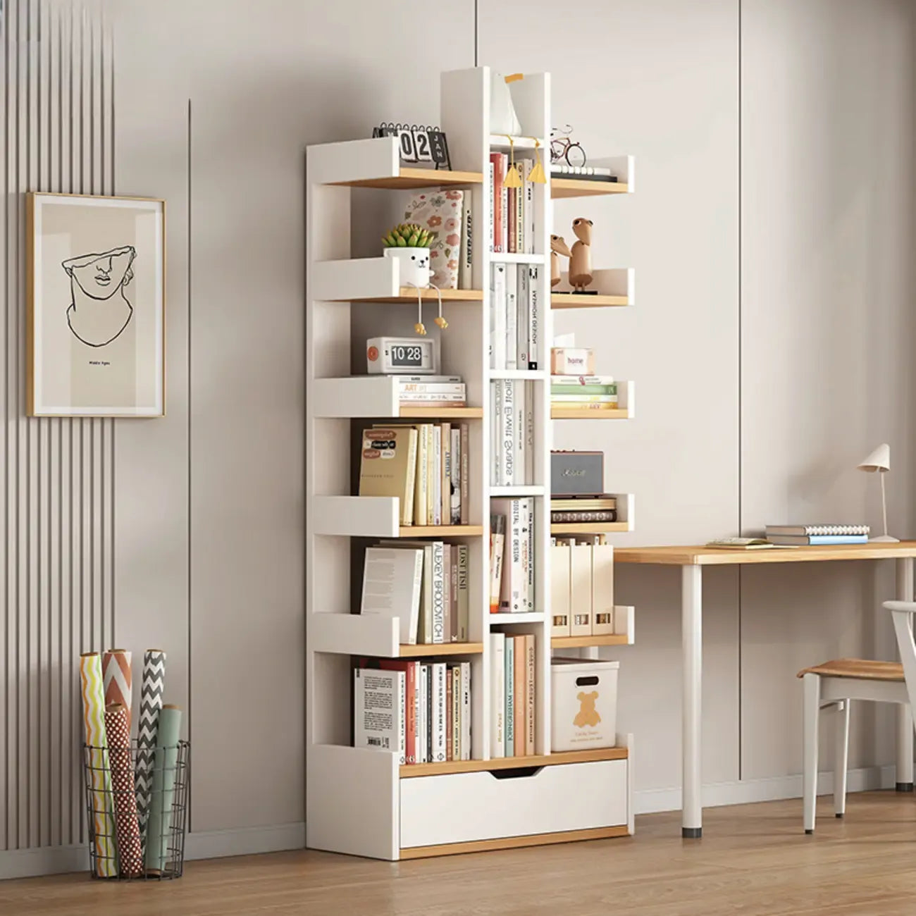 Bibliothèque moderne à 9 étagères en bois blanc avec dos ouvert