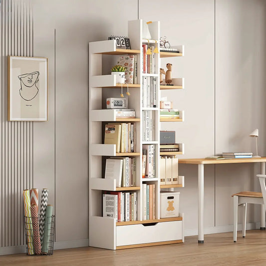 Bibliothèque moderne à 9 étagères en bois blanc avec dos ouvert