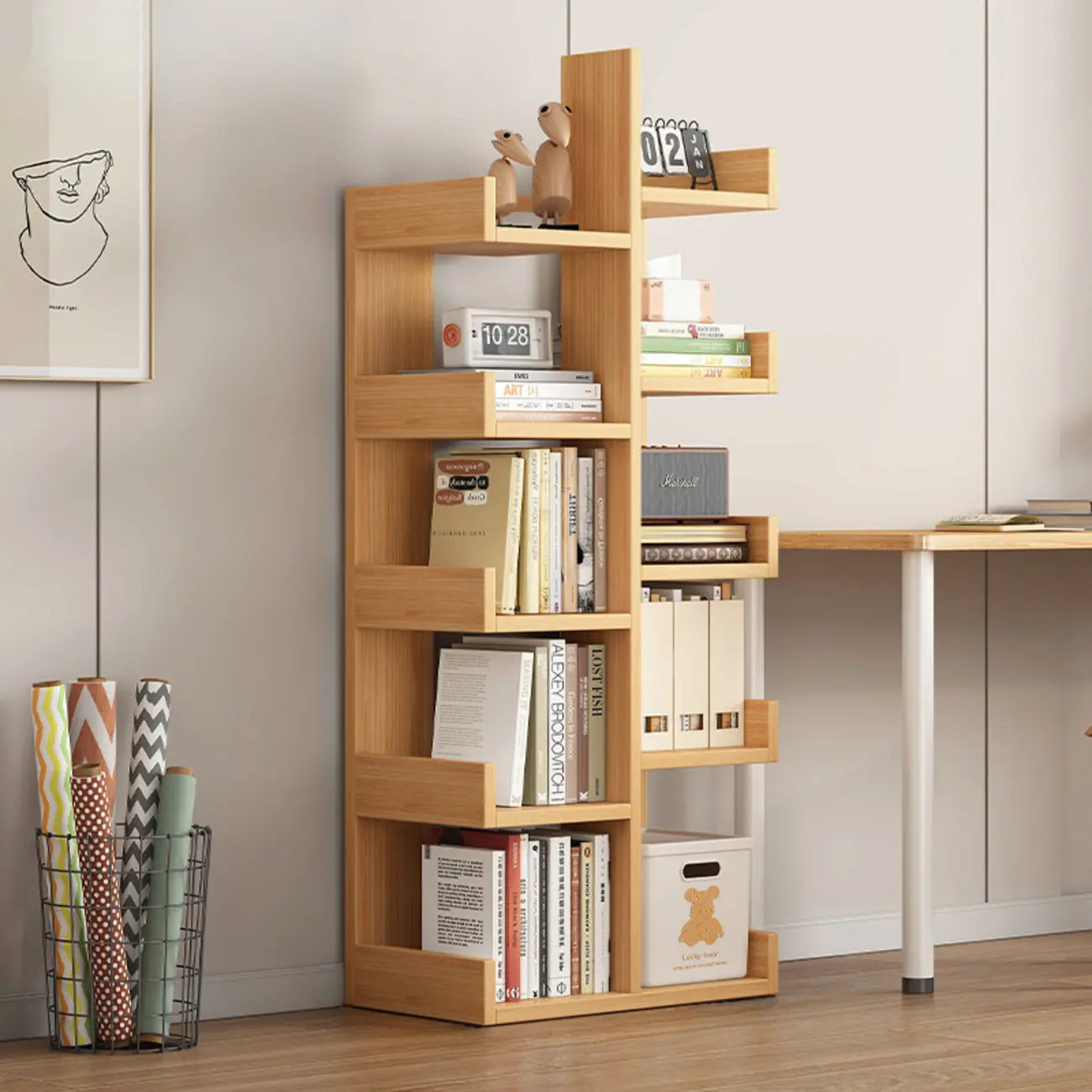 Bibliothèque moderne à 9 étagères en bois blanc avec dos ouvert
