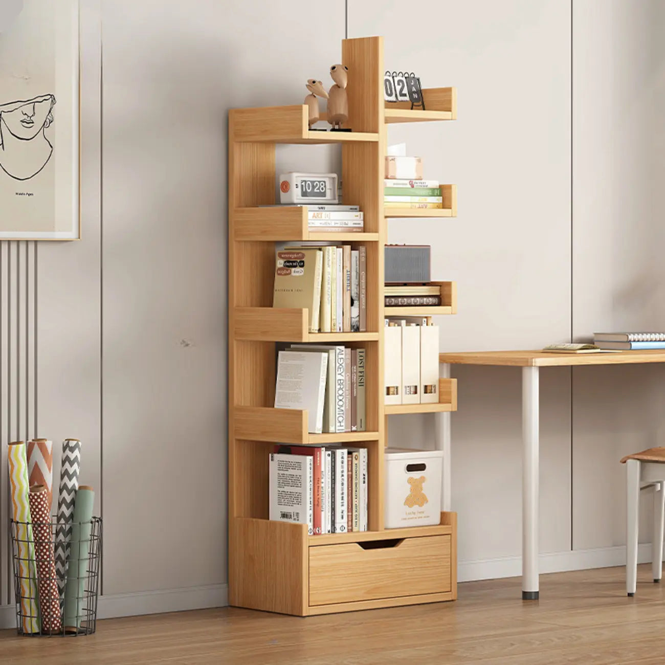 Bibliothèque moderne à 9 étagères en bois blanc avec dos ouvert