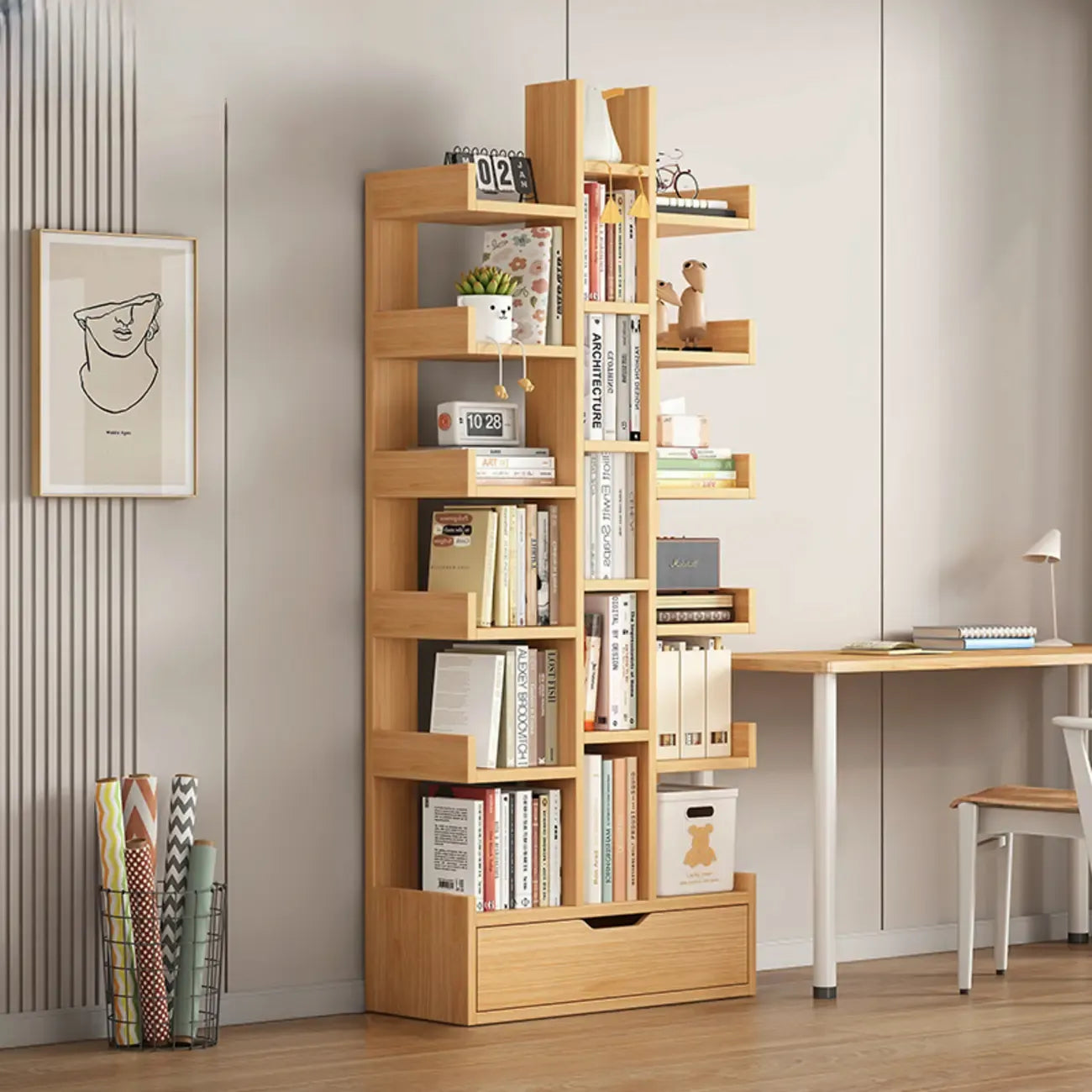 Bibliothèque moderne à 9 étagères en bois blanc avec dos ouvert