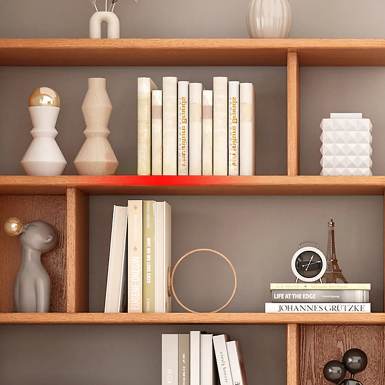 Bibliothèque en bois à six niveaux, à dos ouvert, style milieu du siècle