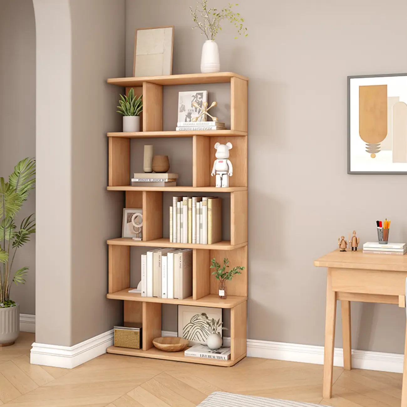 Bibliothèque en bois à six niveaux, à dos ouvert, style milieu du siècle