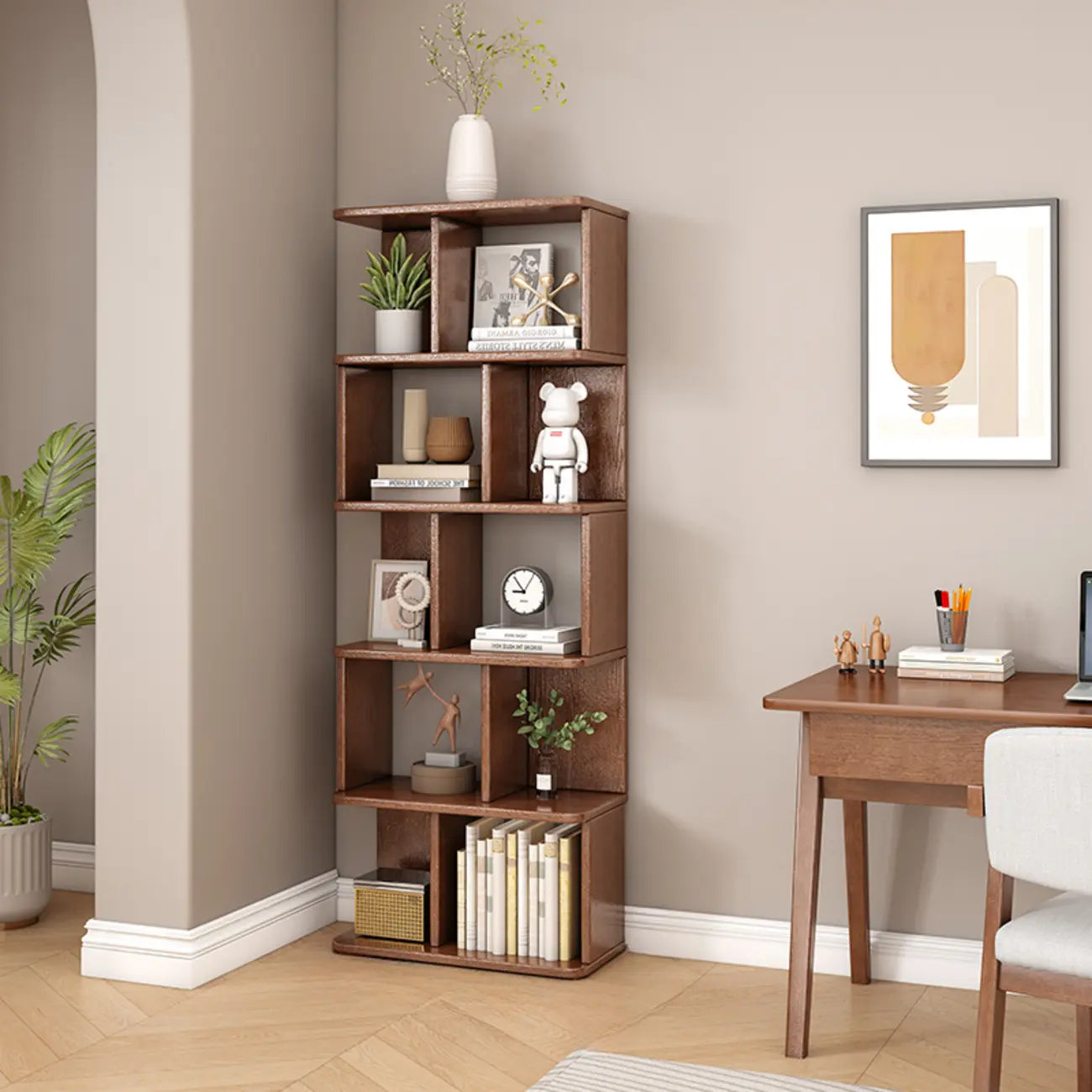 Bibliothèque en bois à six niveaux, à dos ouvert, style milieu du siècle