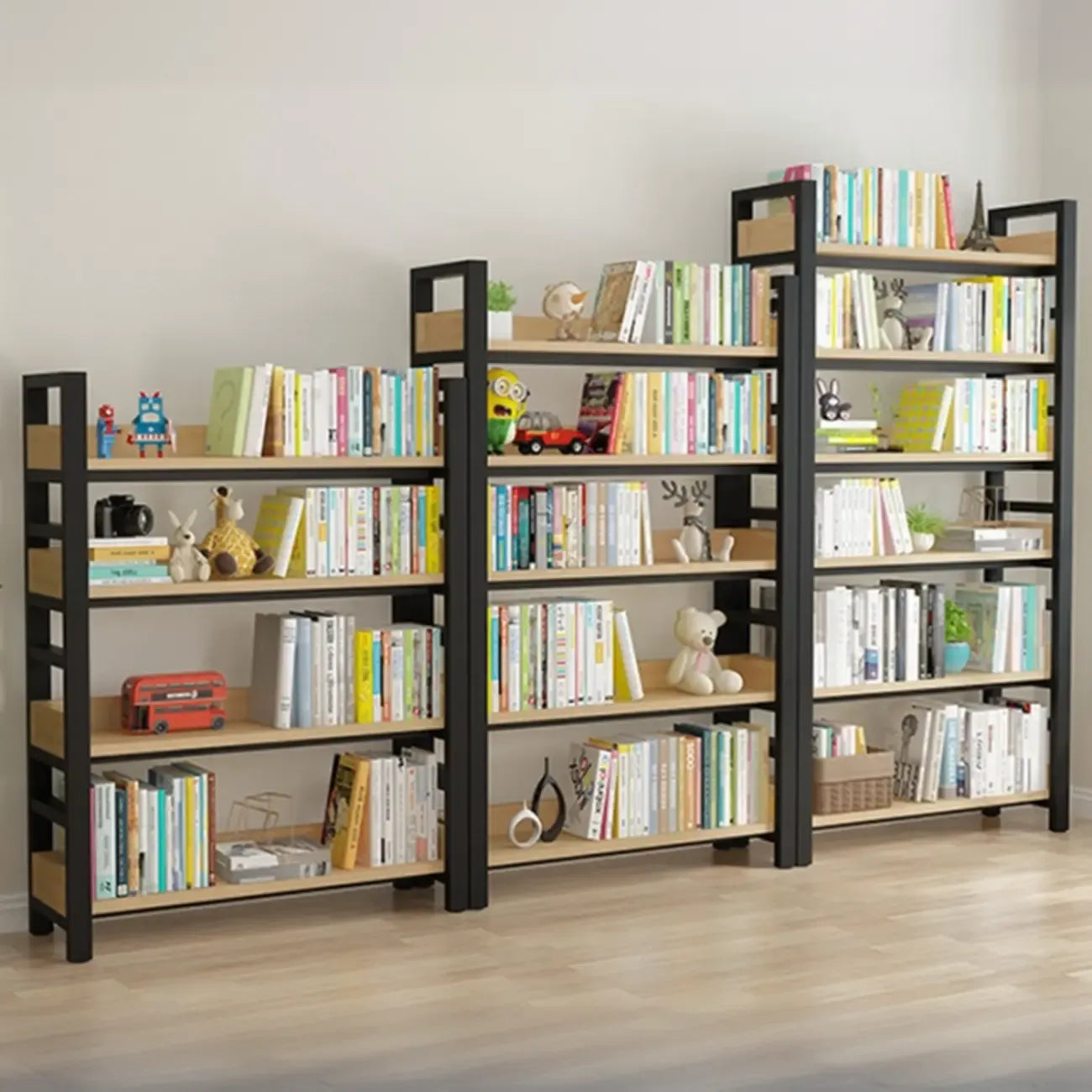 Bibliothèque autoportante simple à plusieurs niveaux en bois avec cadre en acier
