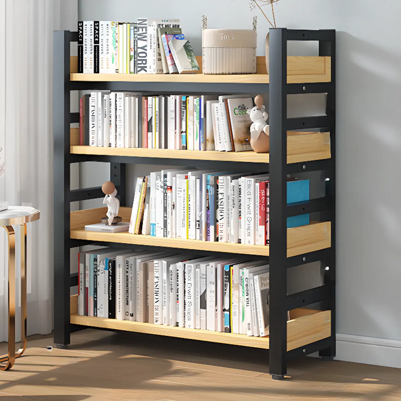 Bibliothèque autoportante simple à plusieurs niveaux en bois avec cadre en acier