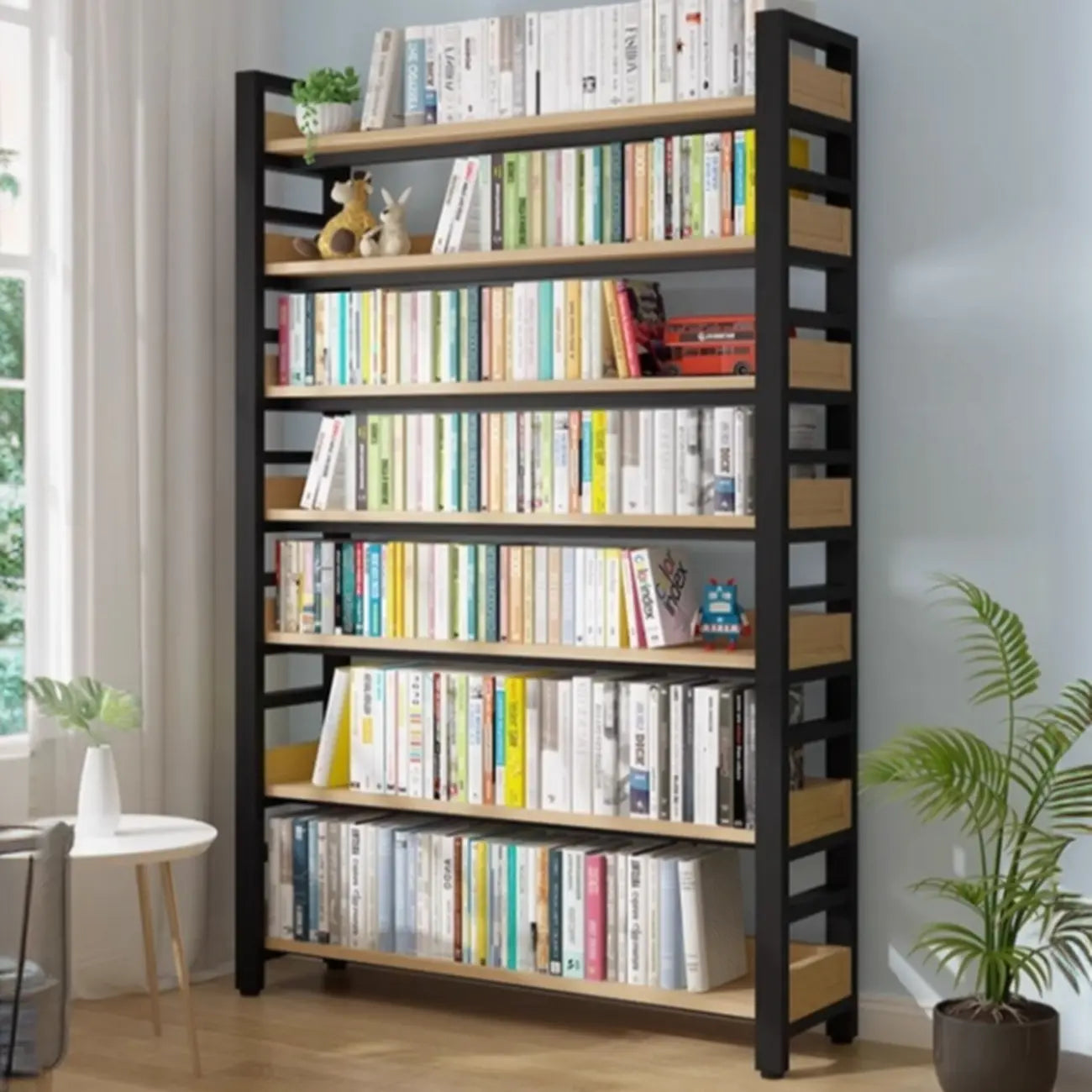 Bibliothèque autoportante simple à plusieurs niveaux en bois avec cadre en acier