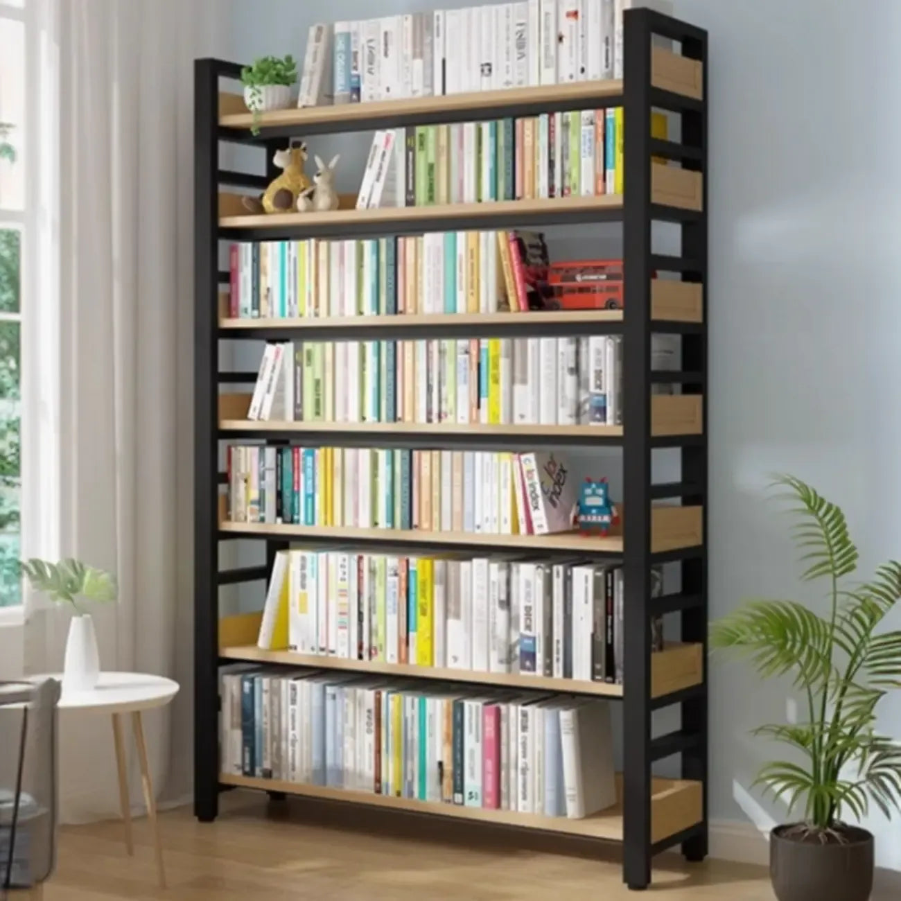 Bibliothèque autoportante simple à plusieurs niveaux en bois avec cadre en acier